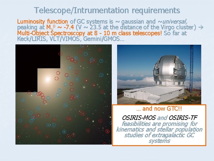 Telescope/Intrumentation requirements Luminosity function of GC systems is ~ gaussian and ~universal, peaking at