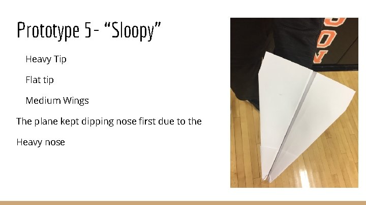 Prototype 5 - “Sloopy” Heavy Tip Flat tip Medium Wings The plane kept dipping