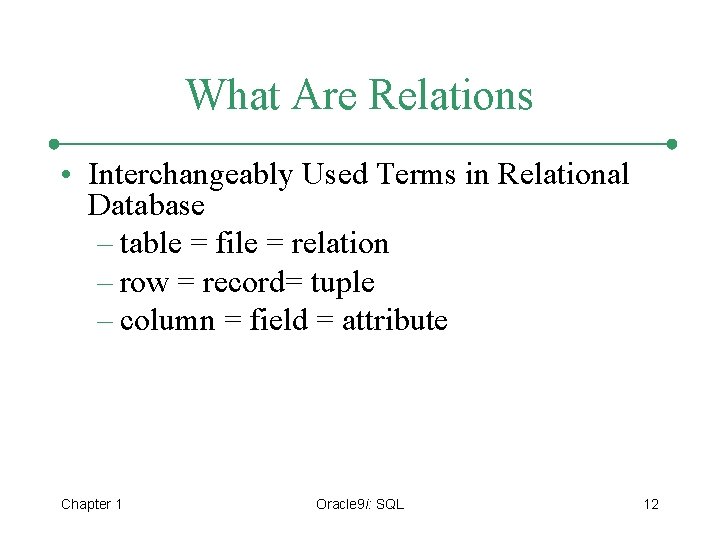 What Are Relations • Interchangeably Used Terms in Relational Database – table = file