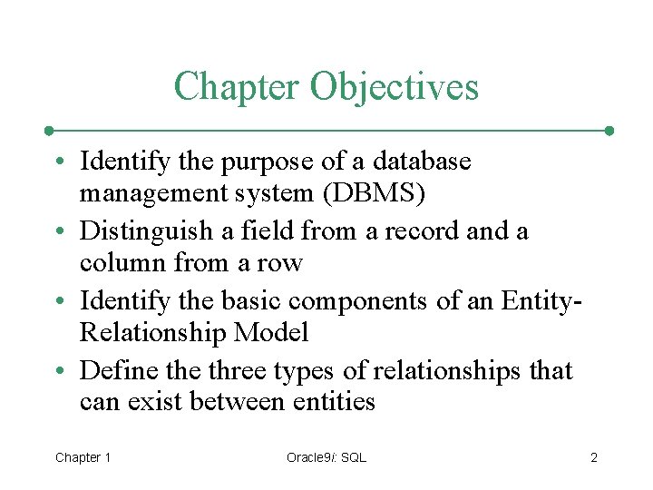 Chapter Objectives • Identify the purpose of a database management system (DBMS) • Distinguish