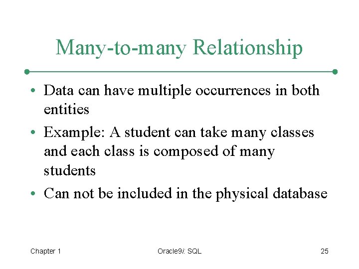 Many-to-many Relationship • Data can have multiple occurrences in both entities • Example: A
