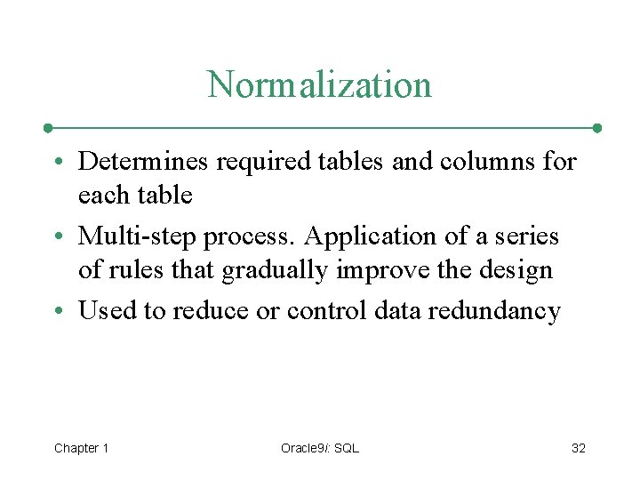 Normalization • Determines required tables and columns for each table • Multi-step process. Application