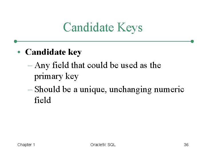 Candidate Keys • Candidate key – Any field that could be used as the