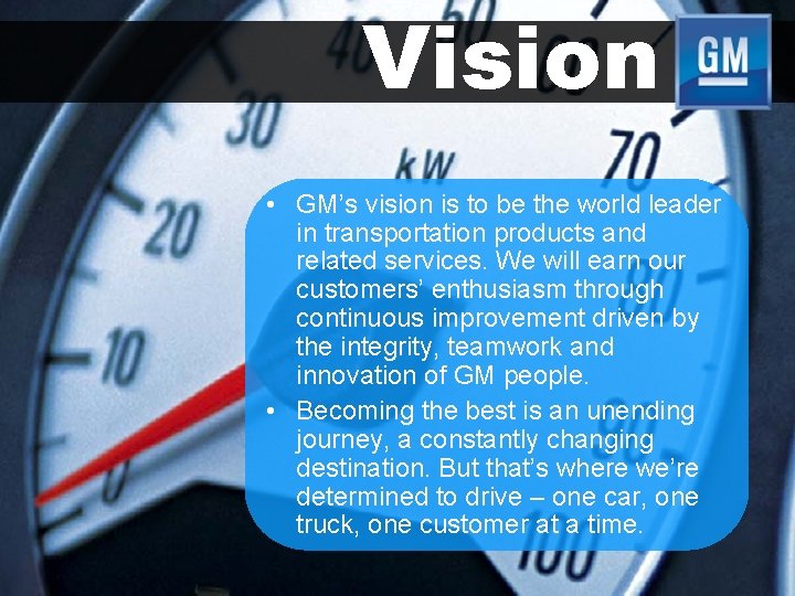 Vision • GM’s vision is to be the world leader in transportation products and