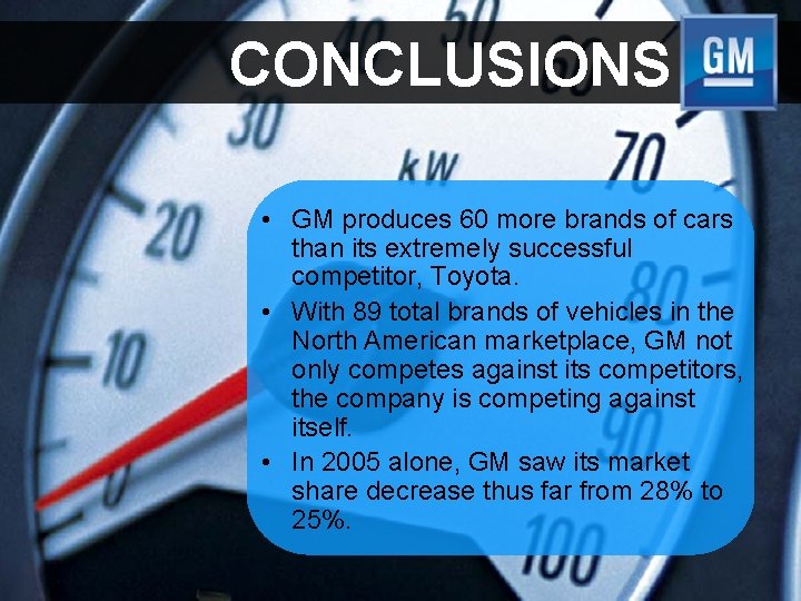 CONCLUSIONS • GM produces 60 more brands of cars than its extremely successful competitor,