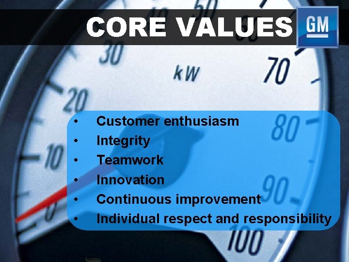 CORE VALUES • • • Customer enthusiasm Integrity Teamwork Innovation Continuous improvement Individual respect
