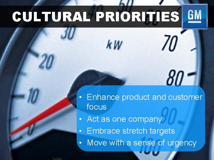 CULTURAL PRIORITIES • Enhance product and customer focus • Act as one company •