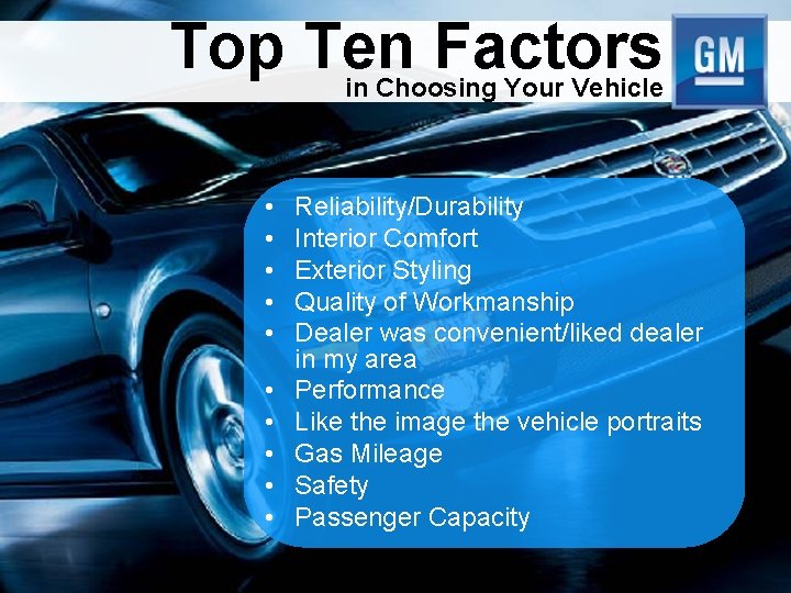 Top Ten Factors in Choosing Your Vehicle • • • Reliability/Durability Interior Comfort Exterior