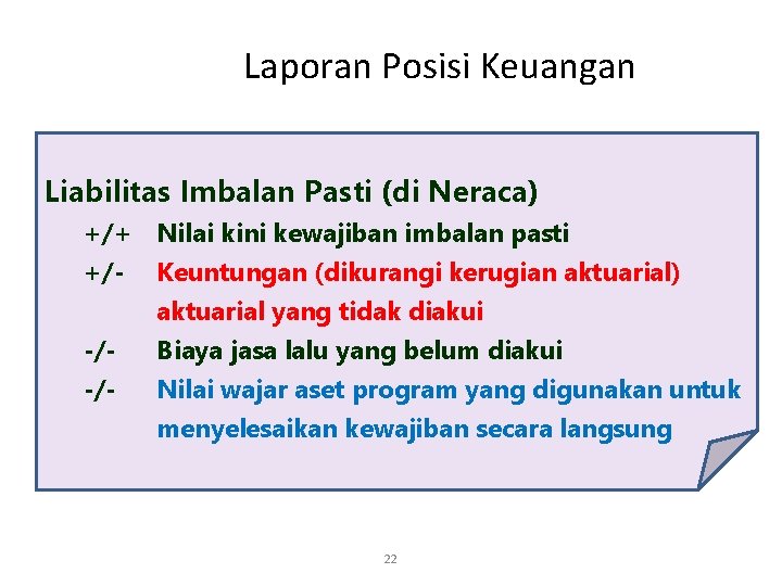 Laporan Posisi Keuangan Liabilitas Imbalan Pasti (di Neraca) +/+ Nilai kini kewajiban imbalan pasti