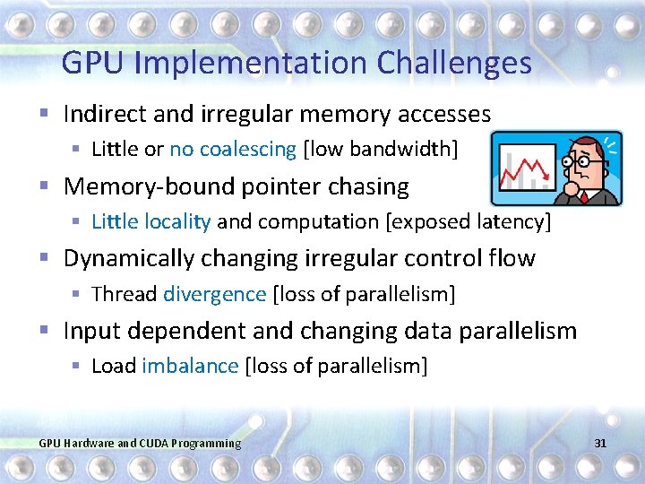 GPU Implementation Challenges § Indirect and irregular memory accesses § Little or no coalescing