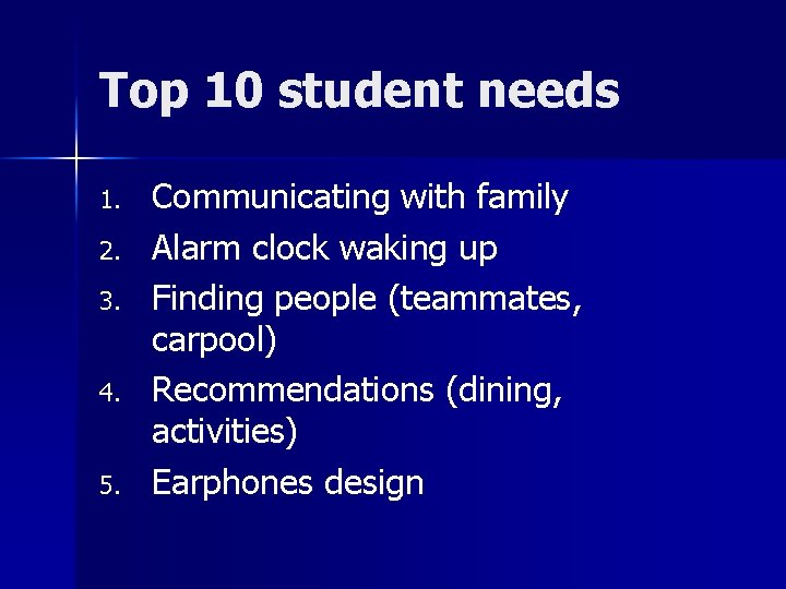 Top 10 student needs 1. 2. 3. 4. 5. Communicating with family Alarm clock