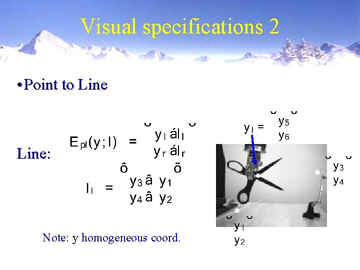 Visual specifications 2 • Point to Line: Note: y homogeneous coord. 