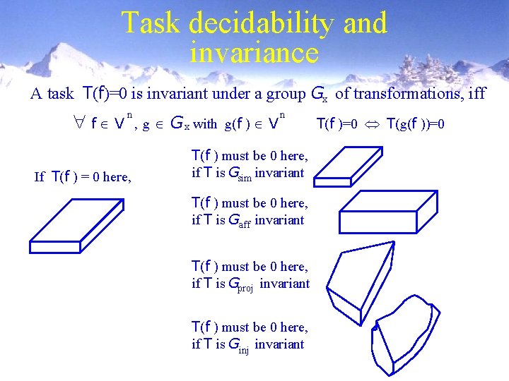 Task decidability and invariance A task T(f)=0 is invariant under a group Gx of