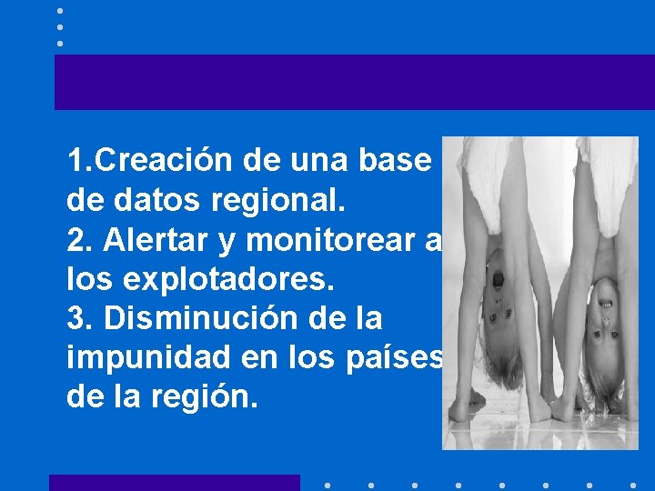 1. Creación de una base de datos regional. 2. Alertar y monitorear a los