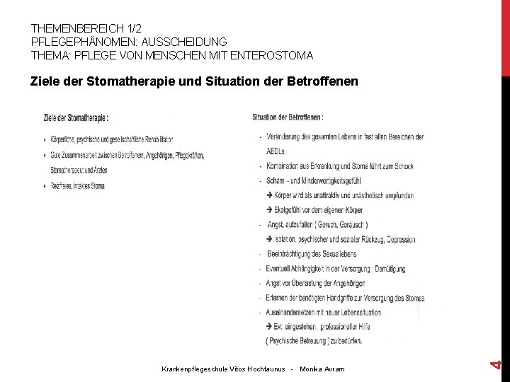 THEMENBEREICH 1/2 PFLEGEPHÄNOMEN: AUSSCHEIDUNG THEMA: PFLEGE VON MENSCHEN MIT ENTEROSTOMA Krankenpflegeschule Vitos Hochtaunus -