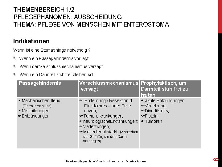 THEMENBEREICH 1/2 PFLEGEPHÄNOMEN: AUSSCHEIDUNG THEMA: PFLEGE VON MENSCHEN MIT ENTEROSTOMA Indikationen Wann ist eine THEMENBEREICH 1/2 PFLEGEPHÄNOMEN: AUSSCHEIDUNG THEMA: PFLEGE VON MENSCHEN MIT ENTEROSTOMA Indikationen Wann ist eine