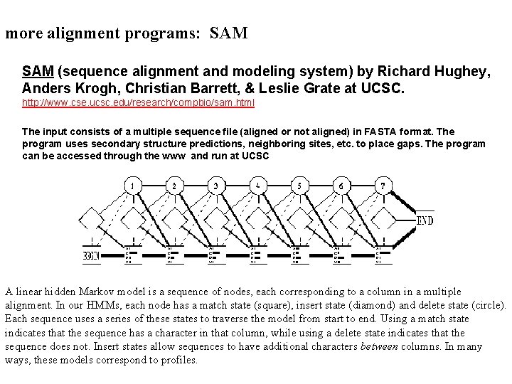 more alignment programs: SAM (sequence alignment and modeling system) by Richard Hughey, Anders Krogh,