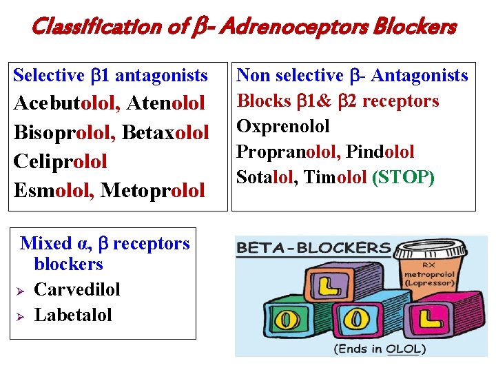 Classification of - Adrenoceptors Blockers Selective 1 antagonists Acebutolol, Atenolol Bisoprolol, Betaxolol Celiprolol Esmolol,
