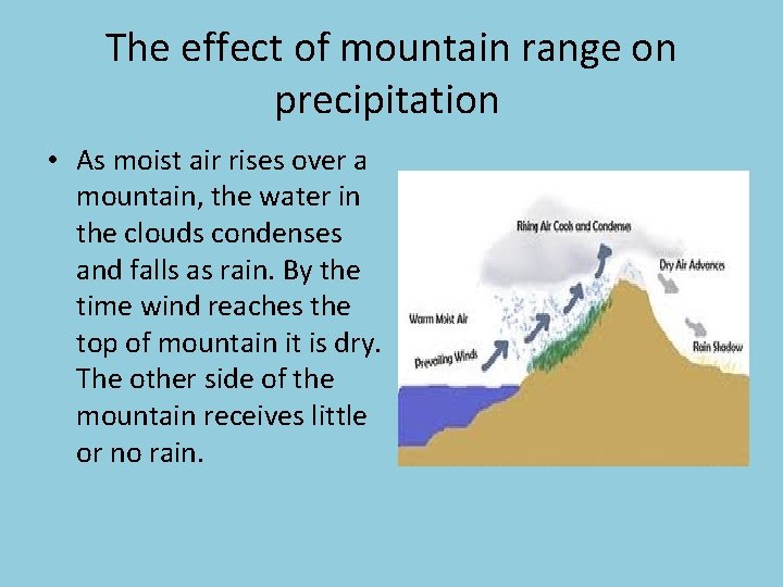 The effect of mountain range on precipitation • As moist air rises over a