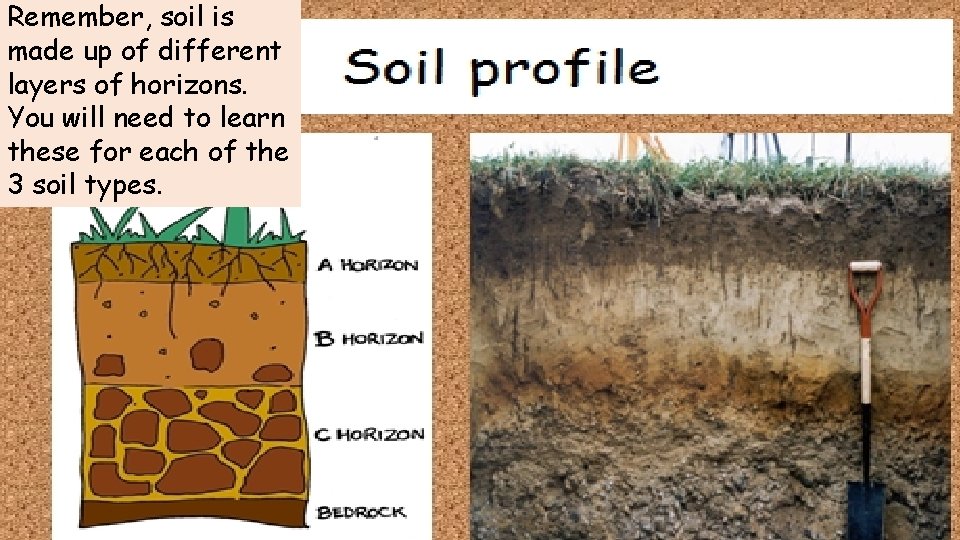 Remember, soil is made up of different layers of horizons. You will need to