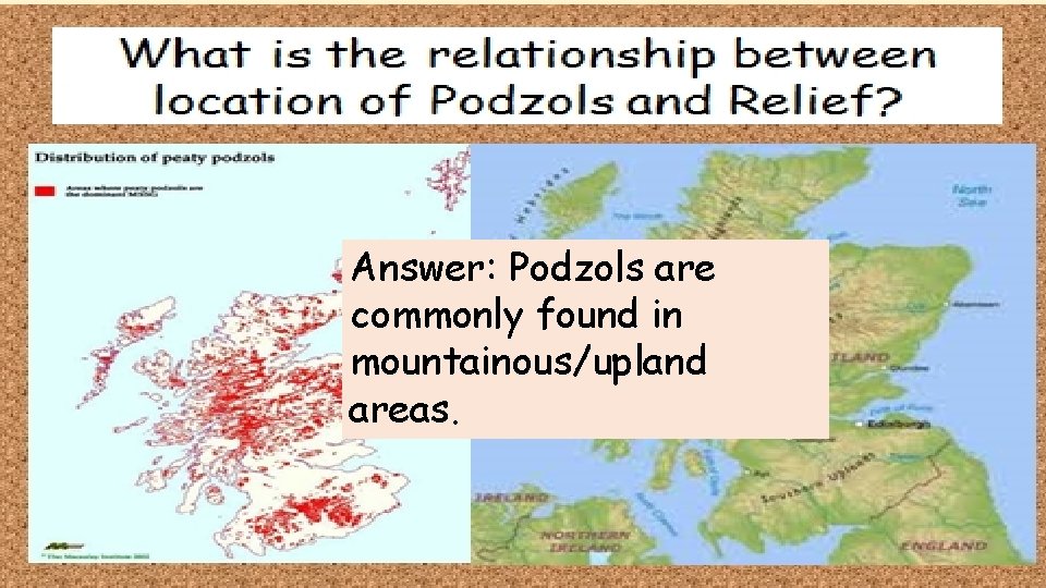 Answer: Podzols are commonly found in mountainous/upland areas. 