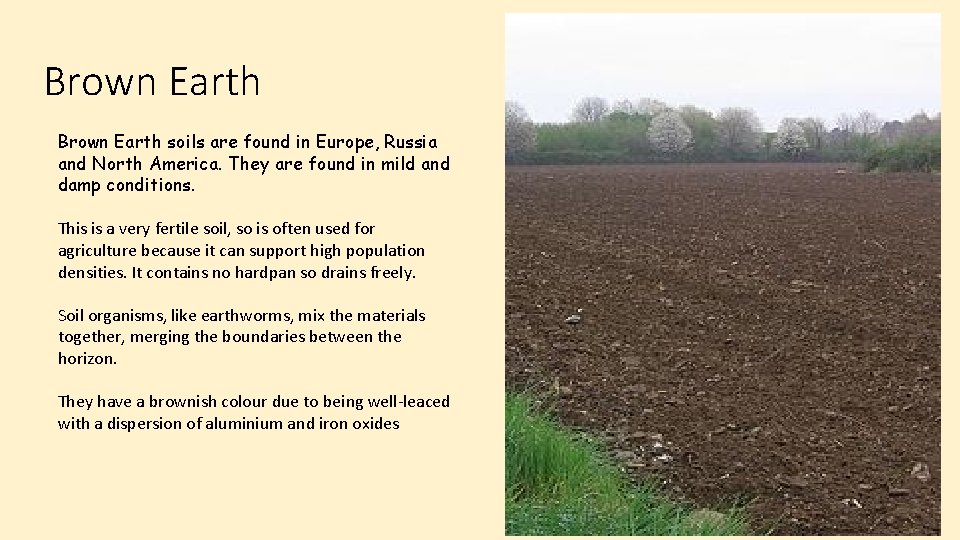 Brown Earth soils are found in Europe, Russia and North America. They are found