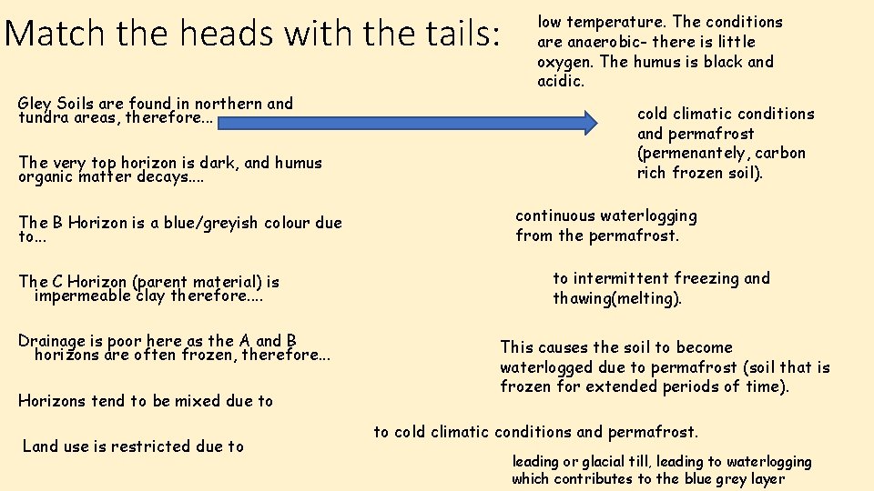 Match the heads with the tails: Gley Soils are found in northern and tundra