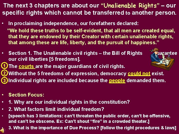 The next 3 chapters are about our “Unalienable Rights” – our specific rights which