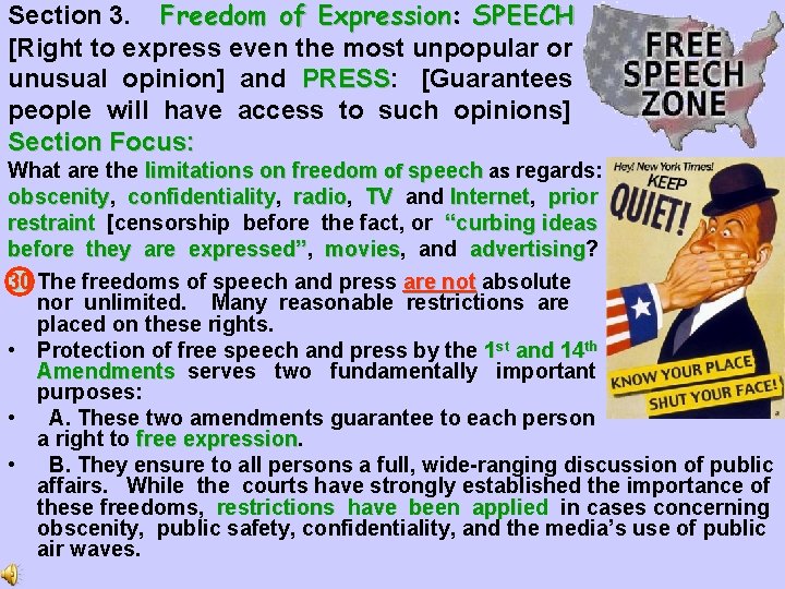 Section 3. Freedom of Expression: Expression SPEECH [Right to express even the most unpopular