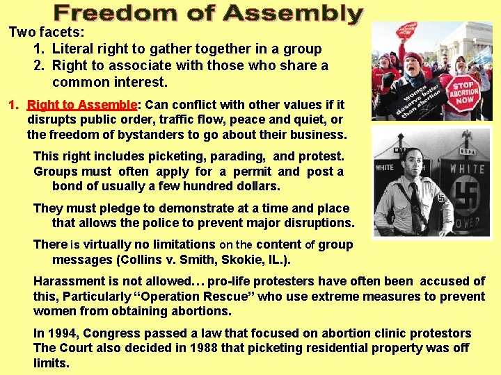 Two facets: 1. Literal right to gather together in a group 2. Right to