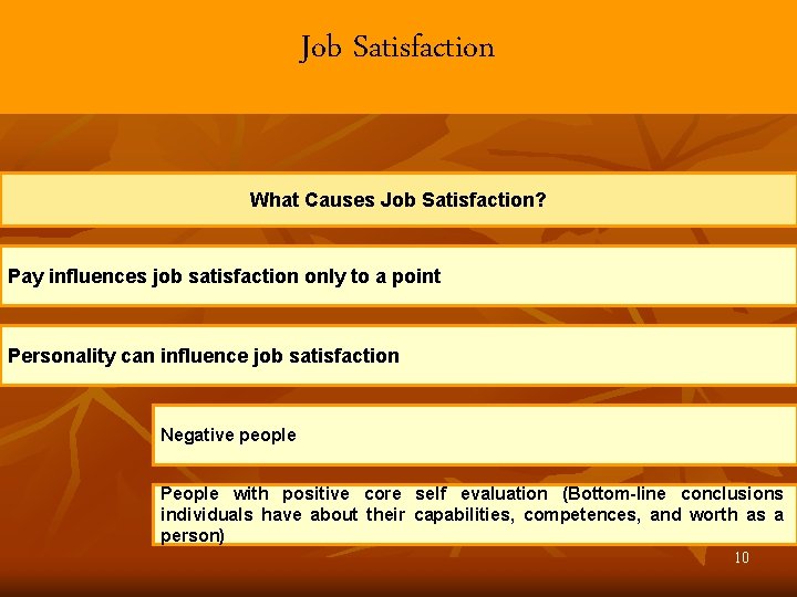 Job Satisfaction What Causes Job Satisfaction? Pay influences job satisfaction only to a point