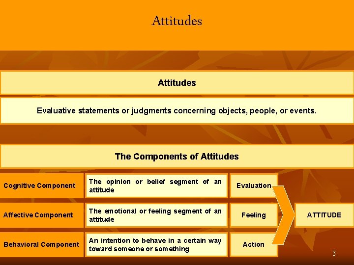 Attitudes Evaluative statements or judgments concerning objects, people, or events. The Components of Attitudes