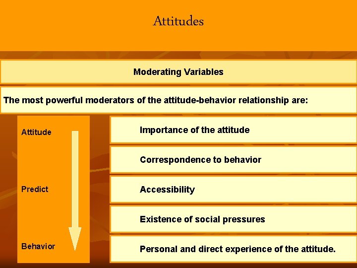 Attitudes Moderating Variables The most powerful moderators of the attitude-behavior relationship are: Attitude Importance