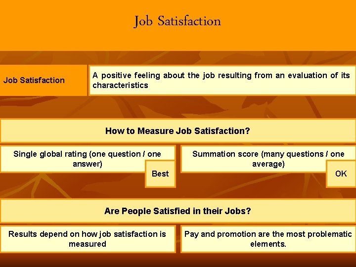 Job Satisfaction A positive feeling about the job resulting from an evaluation of its