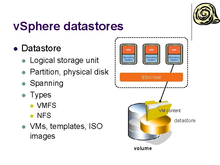 v. Sphere datastores l Datastore l l Logical storage unit Partition, physical disk Spanning