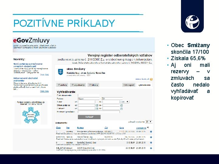 POZITÍVNE PRÍKLADY • Obec Smižany skončila 17/100 • Získala 65, 6% • Aj oni