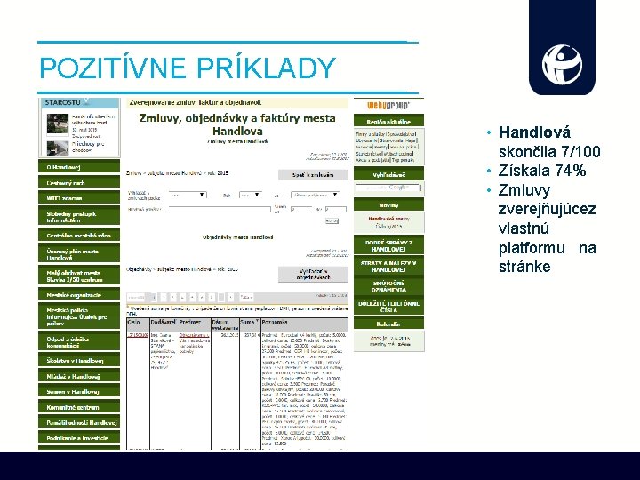 POZITÍVNE PRÍKLADY • Handlová skončila 7/100 • Získala 74% • Zmluvy zverejňujúcez vlastnú platformu