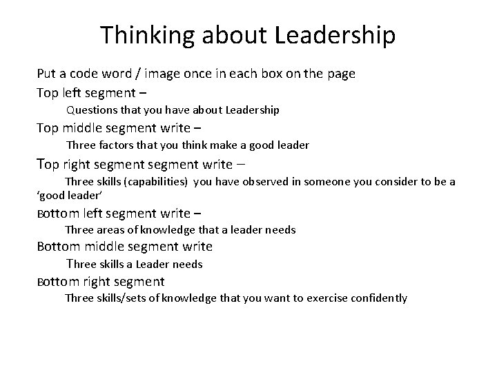 Thinking about Leadership Put a code word / image once in each box on