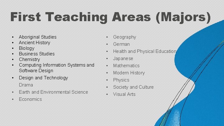 First Teaching Areas (Majors) • • Aboriginal Studies Ancient History Biology Business Studies Chemistry