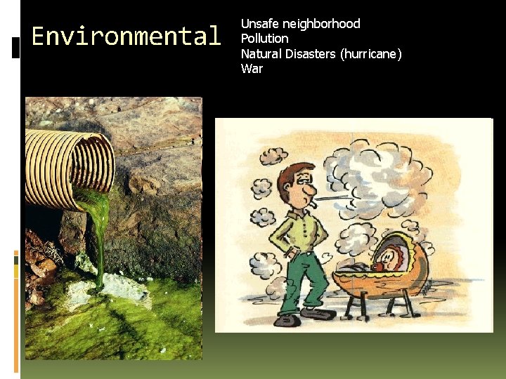 Environmental Unsafe neighborhood Pollution Natural Disasters (hurricane) War 