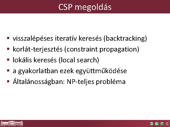 CSP megoldás § § § visszalépéses iteratív keresés (backtracking) korlát-terjesztés (constraint propagation) lokális keresés