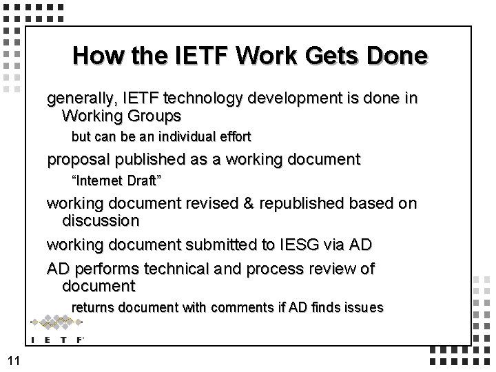 How the IETF Work Gets Done generally, IETF technology development is done in Working