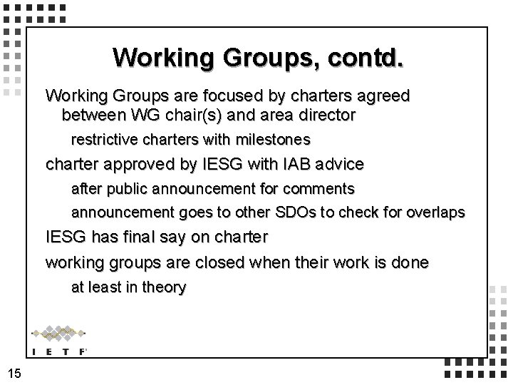 Working Groups, contd. Working Groups are focused by charters agreed between WG chair(s) and