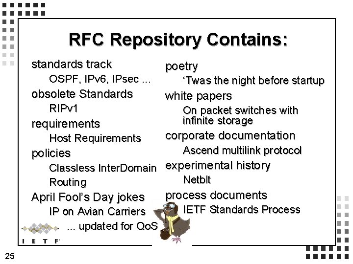 RFC Repository Contains: standards track OSPF, IPv 6, IPsec. . . obsolete Standards RIPv