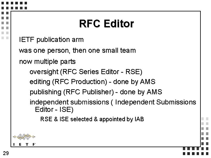 RFC Editor IETF publication arm was one person, then one small team now multiple