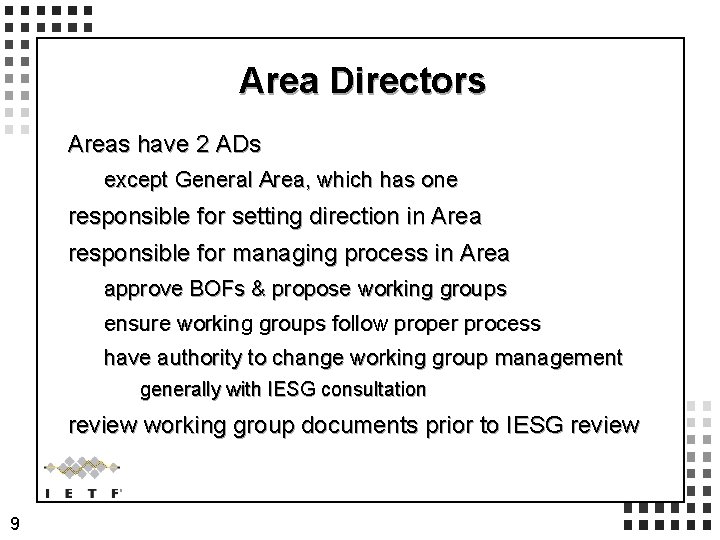 Area Directors Areas have 2 ADs except General Area, which has one responsible for