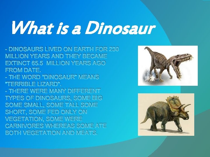 What is a Dinosaur - DINOSAURS LIVED ON EARTH FOR 230 MILLION YEARS AND