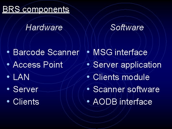 BRS components Hardware • • • Barcode Scanner Access Point LAN Server Clients Software