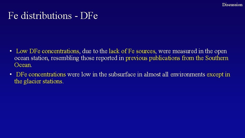 Discussion Fe distributions - DFe • Low DFe concentrations, due to the lack of