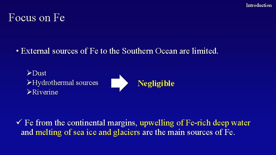 Introduction Focus on Fe • External sources of Fe to the Southern Ocean are